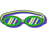 Illustration of a pair of modern, striped swimming goggles with a dual-tone purple and green frame and adjustable strap.