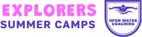 The image displays the logo for "Explorers Summer Camps." The text is in bold pink and purple letters, and there is a purple and pink shield emblem to the right with "Open Water Sailing" written inside along with an illustration of a person sailing.