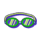 Illustration of a pair of swimming goggles with green lenses and a purple frame. The straps are yellow, and the lenses have three diagonal yellow stripes, giving them a distinct and playful appearance.