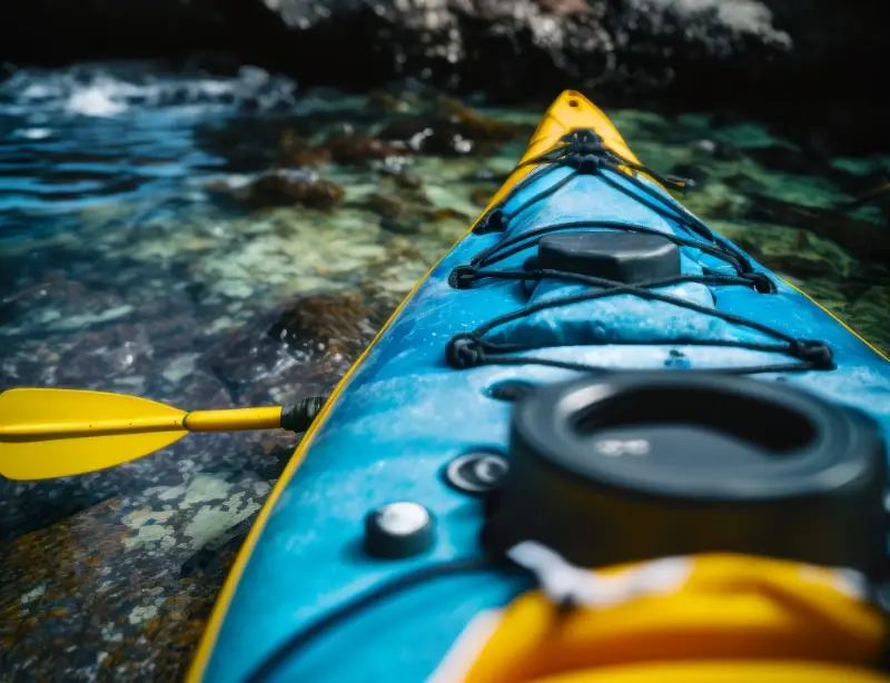 Close-up view of the front end of a blue and yellow kayak with a yellow paddle, floating on clear, shallow water over a rocky seabed.