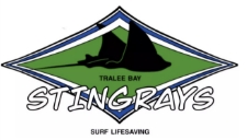 The logo for Tralee Bay Stingrays Surf Lifesaving features a stingray silhouette over a green and blue diamond-shaped background. The words "TRALEE BAY STINGRAYS" are prominently displayed below the stingray, with "SURF LIFESAVING" at the bottom.