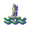 Illustration of a person paddleboarding on wavy water. The figure stands upright on a paddleboard while holding a paddle, depicted in a colorful, abstract style with green and purple accents.