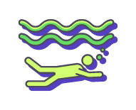 Stylized illustration of a person swimming underwater with three wavy lines above indicating water movement. the swimmer is depicted in a streamlined position with bubbles trailing behind.