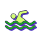 Icon of a person swimming. The figure is depicted in a simplified style, with a green body and arm, performing a freestyle stroke above wavy, blue-green lines representing water.