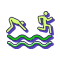 Icon of two figures engaged in a biathlon. One figure is diving into water, while the other is running. Wavy green lines represent water beneath them, highlighting the athletic activities of swimming and running.