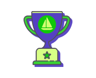 A colorful illustration of a trophy with a purple base and a green cup, featuring a white sailboat icon and a green star on the base.