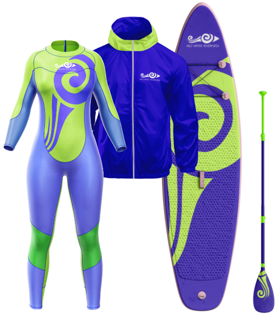 A surf-themed apparel and gear set featuring a wetsuit, jacket, paddleboard, and paddle. The wetsuit and paddleboard are primarily blue with green and lavender accents. The blue jacket and paddle also feature matching color schemes and design elements.