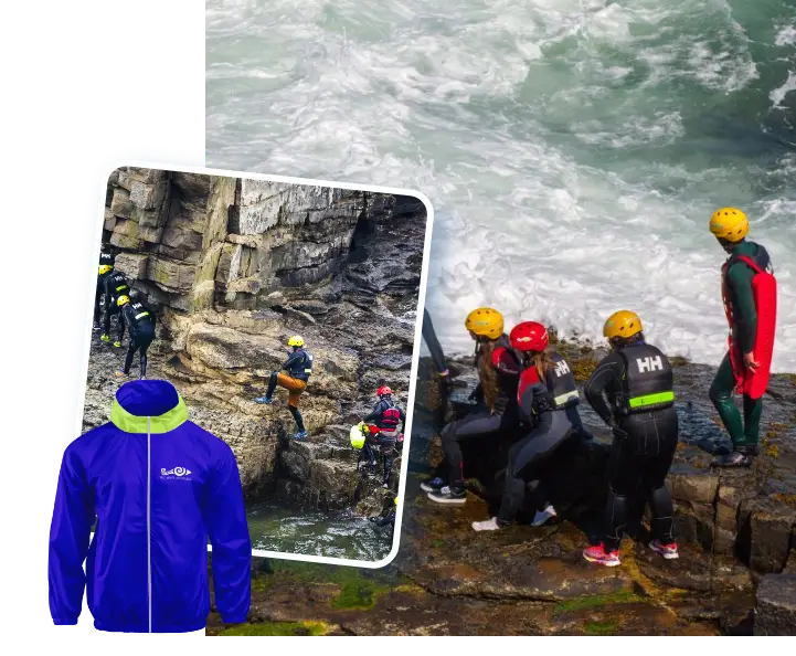 A collage of adventurers in helmets climbing rocky seaside cliffs and rough waves crashing against rocks, juxtaposed with a vibrant blue jacket overlay.