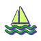 A simple, colorful icon depicting a sailboat with a yellow sail and a green hull, navigating on a body of water represented by three wavy blue lines.