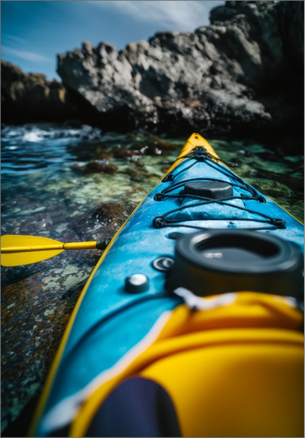 A vibrant blue and yellow kayak is pictured from the paddler's perspective. It is floating on clear, calm water near a rocky shoreline under a bright sky. The front end of the kayak and a part of the paddle are visible in the foreground.