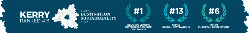 Banner with text that reads: “Kerry Ranked #13,” followed by “Global Destination Sustainability Index.” Three icons on the right show achievements: #1 for Ireland's Leading Sustainable Tourism Destination, #13 among Top 30 Global Destinations, and #6 among Top 30 European Destinations.