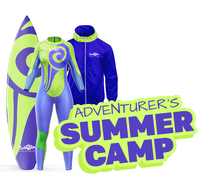 A brightly-colored surfboard, a wetsuit, and a jacket with green and purple designs are displayed alongside bold text that reads "Adventurer's Summer Camp." The gear suggests activities involving water sports for a summer camp program.