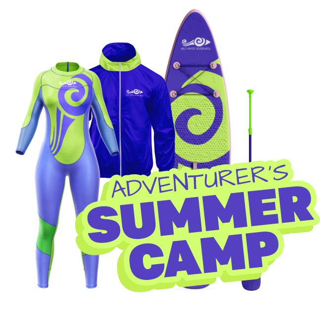 Adventurers Summer camp grpup A wetsuit, jacket, paddleboard, and paddle in blue, green, and purple are displayed behind bold text that reads "Adventurer's Summer Camp" in bright purple and yellow-green.