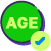 Age 50x50 A green circle with the word "AGE" in bold yellow letters, overlapping a smaller yellow circle featuring a blue check mark, indicating age verification or approval.